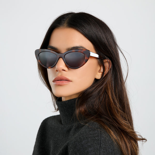 Brunette model in a heather grey cashmere turtleneck looking left wearing Pamela Sunglasses Havana with Grey Flat