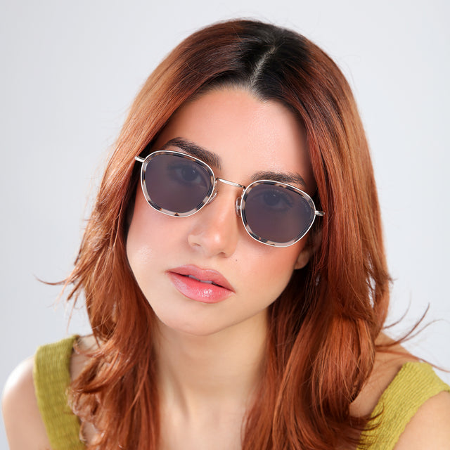 Close up of woman with red hair in a chartreuse blouse wearing Prince Tate Sunglasses White Tortoise/Gold with Grey Flat