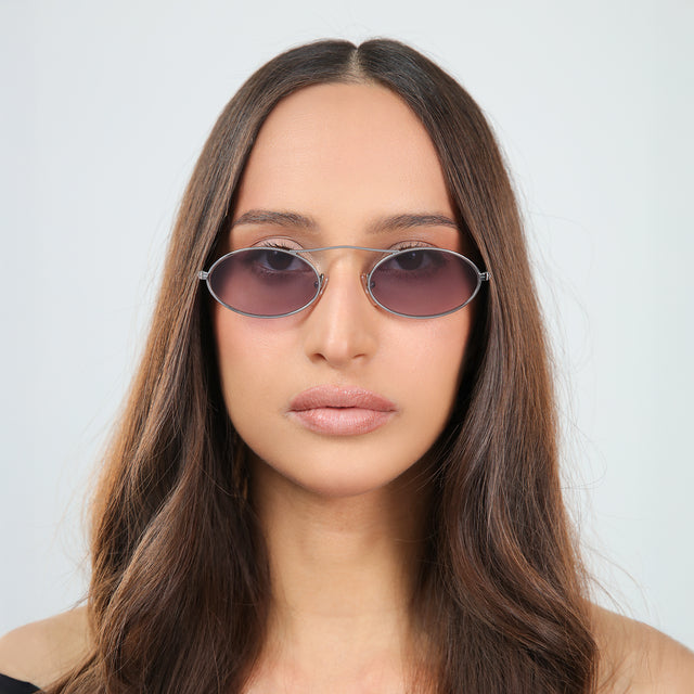 Another angle of woman with brown hair in an off-the-shoulder blouse wearing Sydney Sunglasses Gunmetal with Grey Gradient