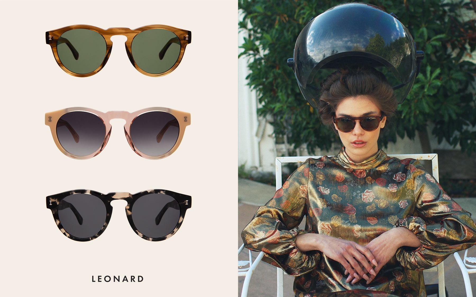 Leonard (10 year anniversary edition) shown in three colors alongside a brunette model wearing the Leonard in Teak