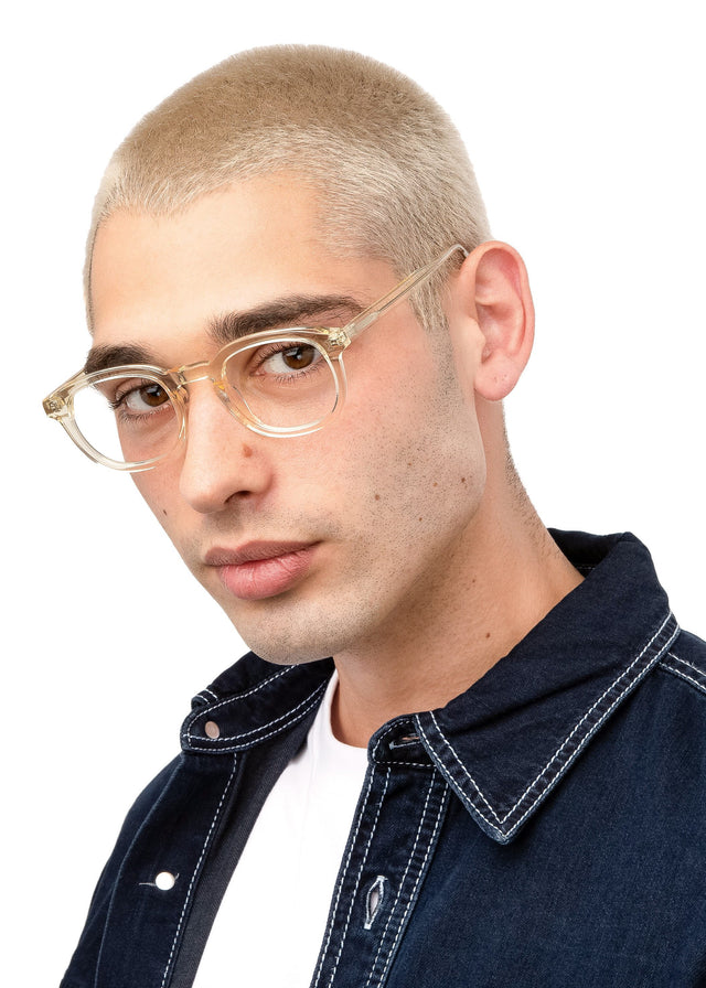 wearing David Optical Champagne Optical