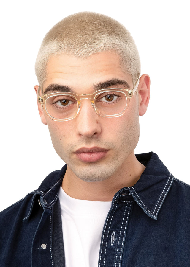 wearing David Optical Champagne Optical