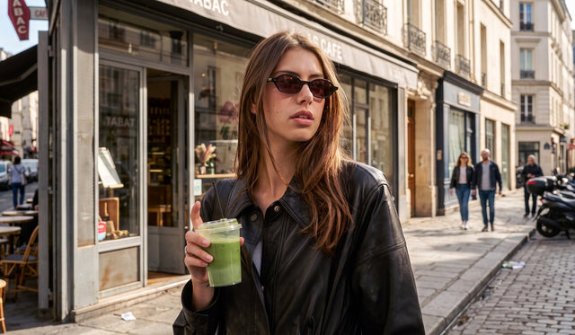 Woman shopping with a matcha latte in hand wearing the Munich Sunglasses