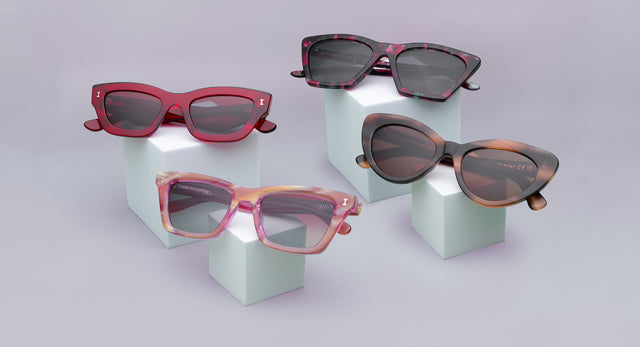 Lisbon Sunglasses, Donna Sunglasses, Pamela Sunglasses, and Portugal Sunglasses on marble blocks