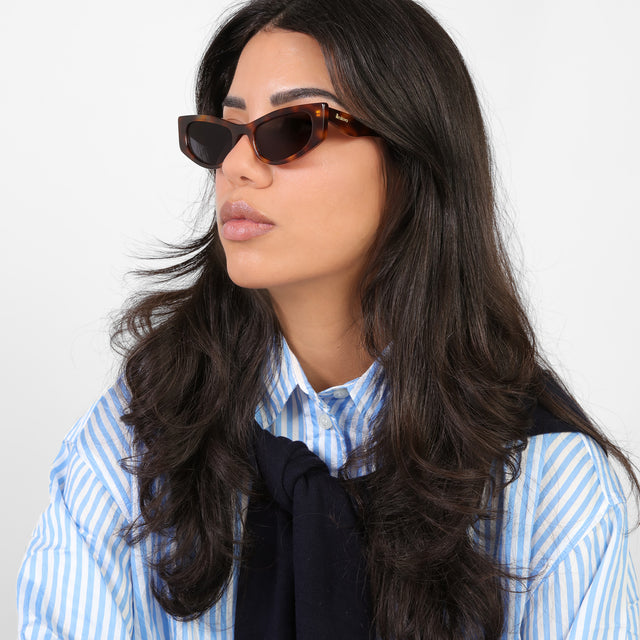 Brunette model looking right wearing Alexa Sunglasses Havana with Grey Flat