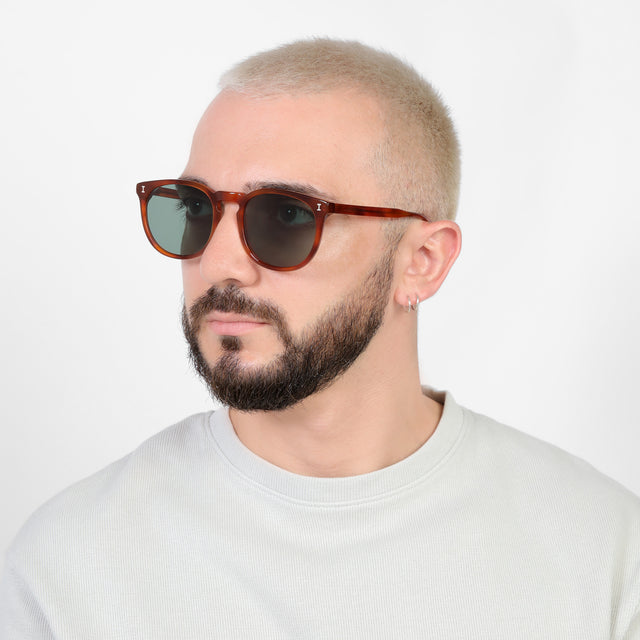 Bearded model looking right wearing Eldridge 56 Sunglasses Red Havana with Olive Flat