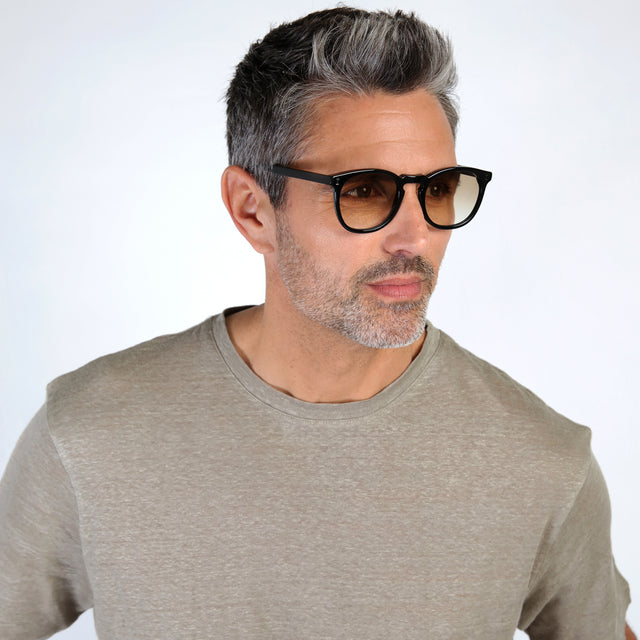 Model with salt and pepper hair and beard wearing Eldridge Sunglasses Black with Taupe Flat Gradient