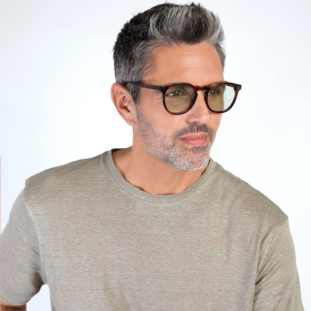 Model with salt and pepper hair and beard wearing Eldridge Sunglasses Havana with Sage Flat See Through