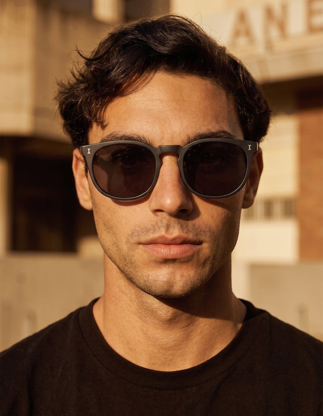 Man in Paris wearing the Eldridge 56 Sunglasses in Matte Black