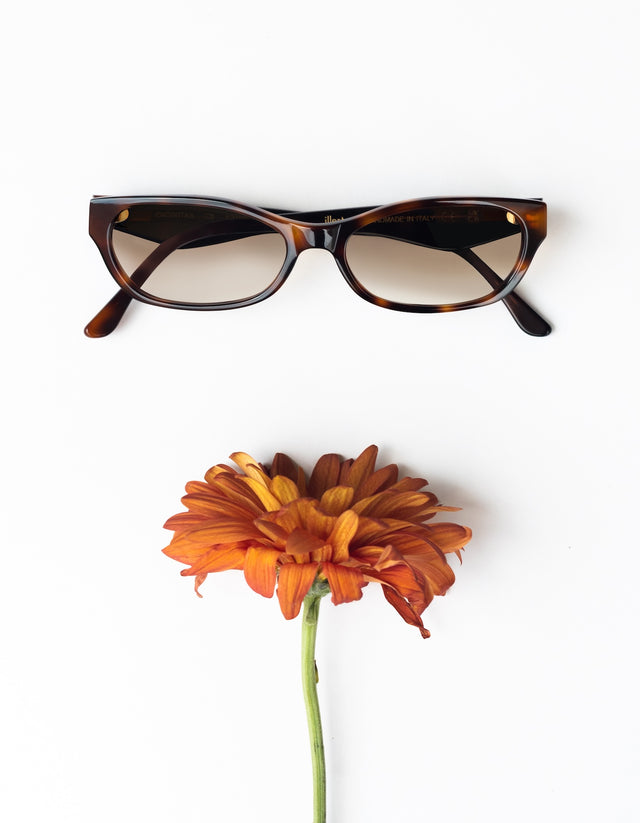 Encinitas Sunglasses in Havana and an orange flower on a white background