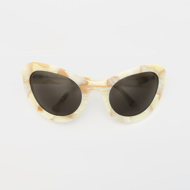 Kim Shui Sunglasses shown with the temples folded  Savannah Cream Marble with Grey 