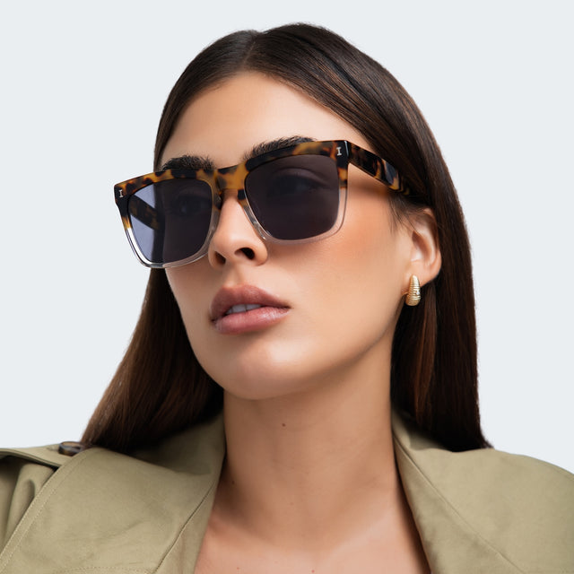 Woman in a trench coat  wearing Los Feliz Sunglasses Half/Half Tortoise with Grey