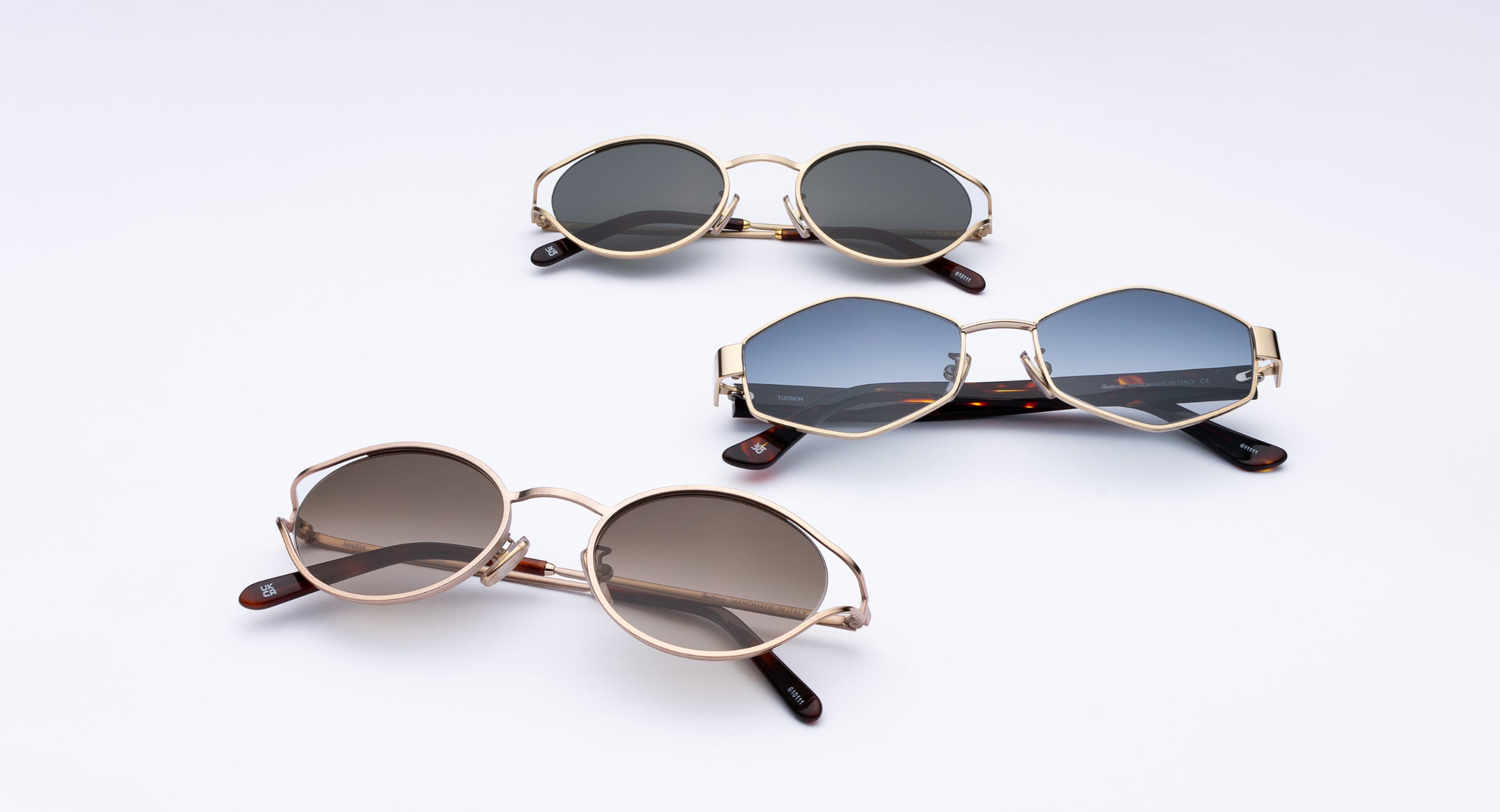 Maria Sunglasses shown in Gold and Rose Gold alongside Tucson Sunglasses in Gold/Star Tortoise