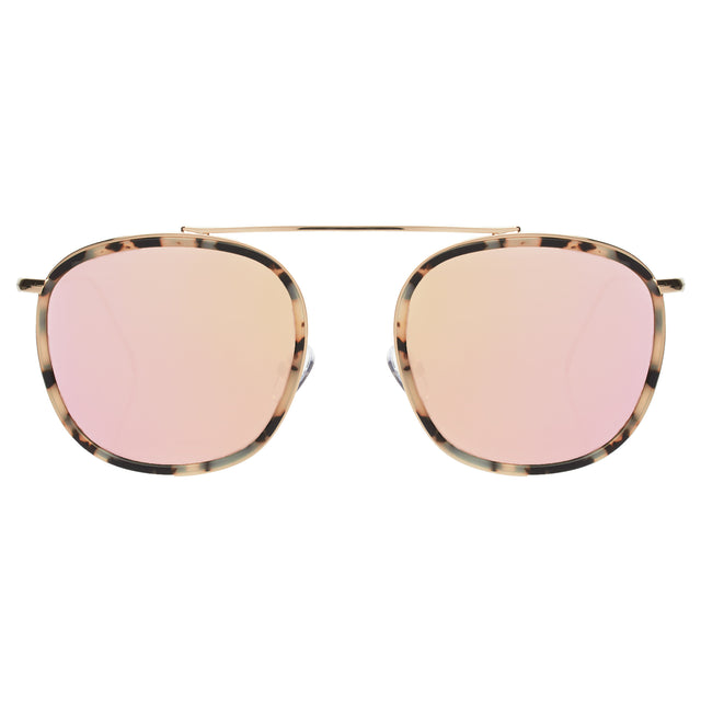 Mykonos Ace Sunglasses front view in White Tortoise/Gold with Bright Rose Flat Mirror
