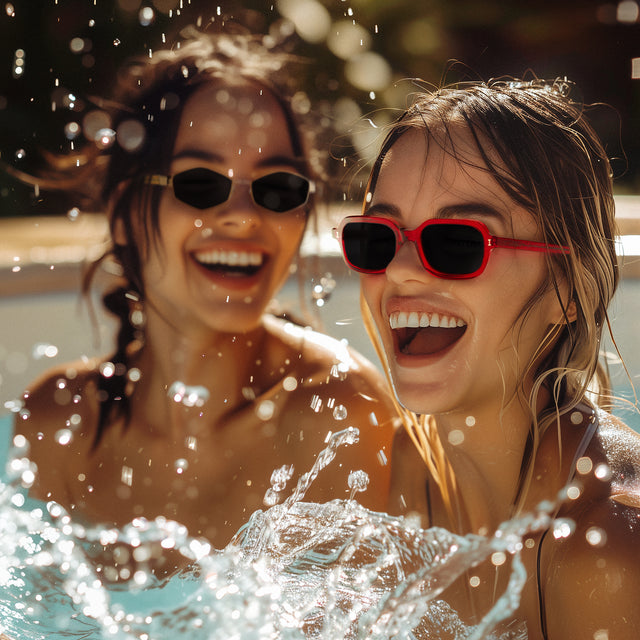 Model laughing and swimming wearing Berlin Sunglasses