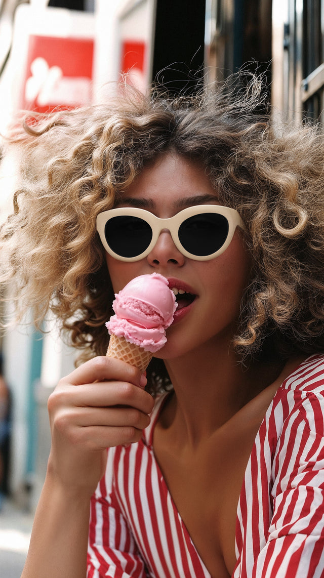 Model eating ice cream wearing Wellington Sunglasses