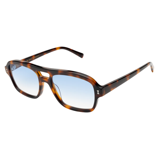 Queens Sunglasses side view in Havana / Blue Flat Gradient See Through