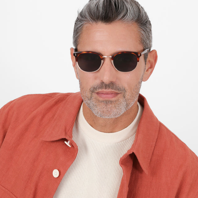 Model with salt and pepper hair and beard wearing Stockholm Sunglasses Havana/Rose Gold with Grey