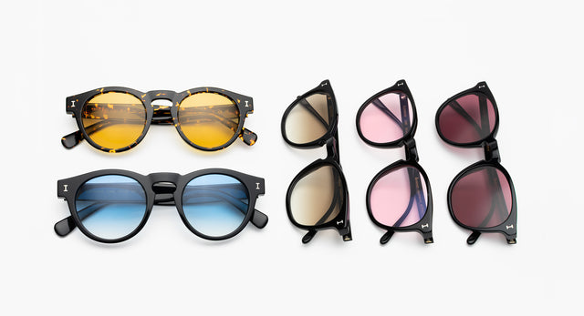 Leonard and Eldridge shown with Honey, Blue, Dusty Pink, Plum, and Taupe lenses.