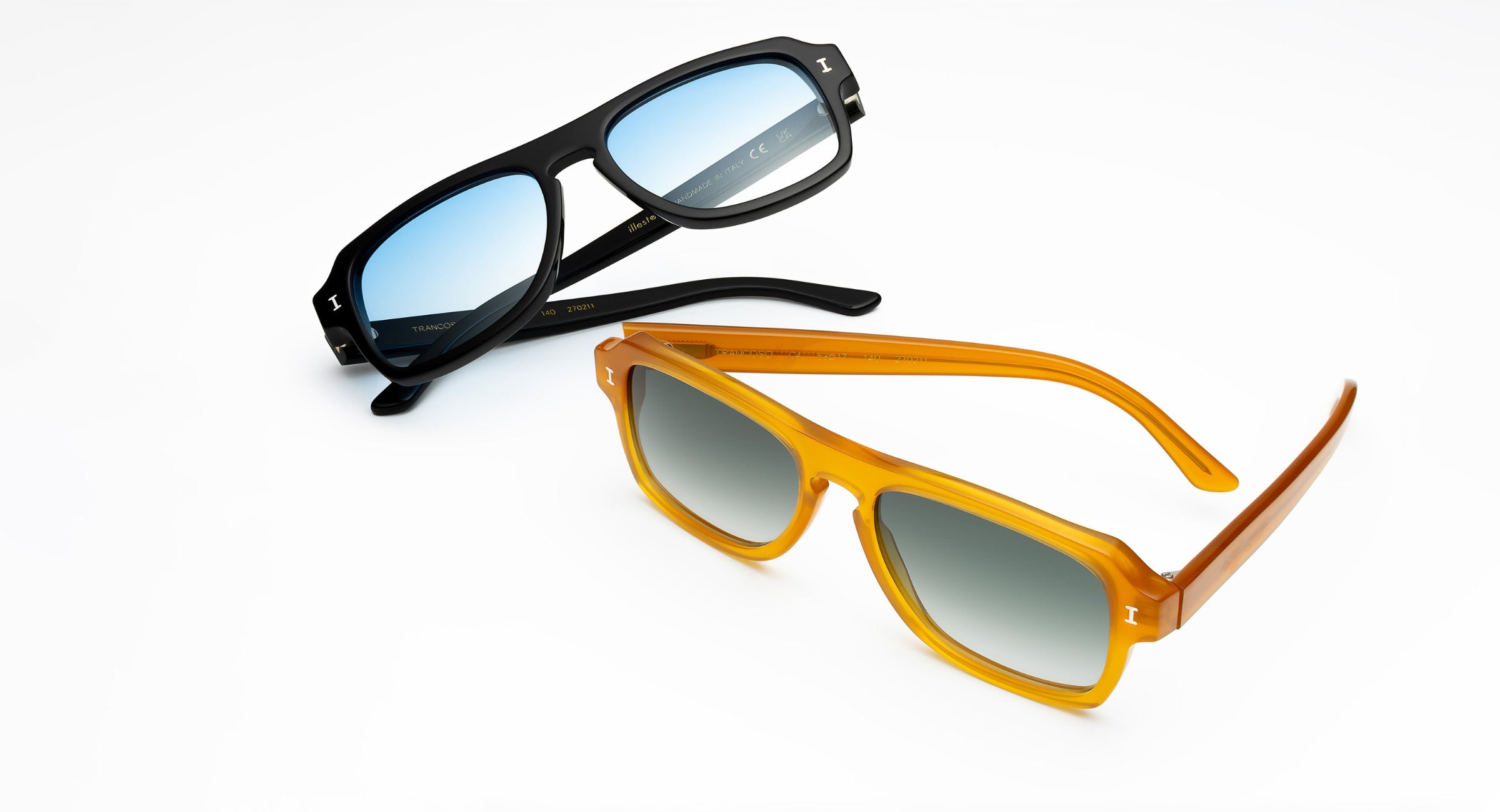 Trancoso Sunglasses shown in Black with Blue Gradient See Through and Honey with Olive Gradient