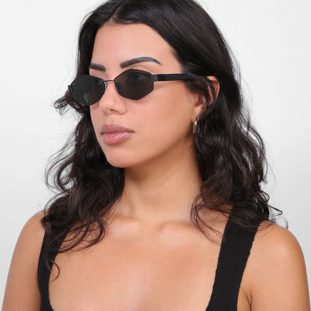 Brunette model looking right wearing Tucson Sunglasses Matte Black with Grey