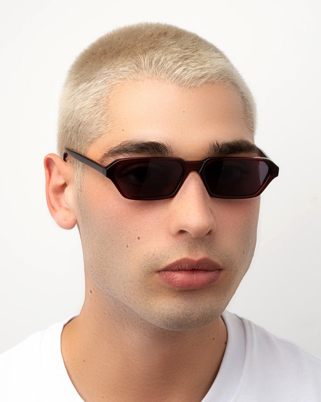 Model with blonde buzzcut wearing Baxter II Sunglasses Burgundy with Grey