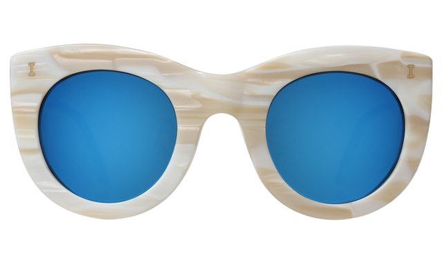 Boca Sunglasses front view in Cream Marble with Blue Mirror