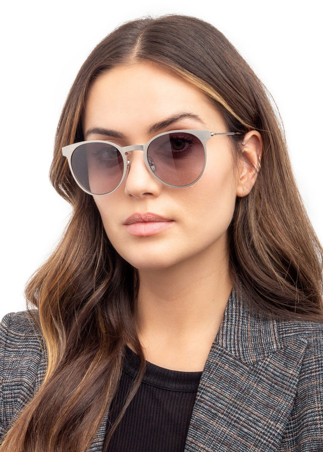 wearing Le Steel II Sunglasses Silver Grey Gradient