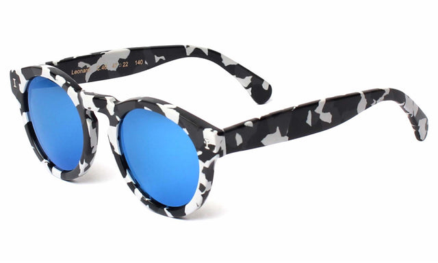 Leonard (Flex Hinge) Sunglasses Side Profile in White Camo / Blue Mirror