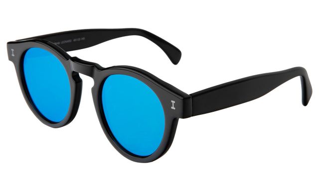 Leonard (Flex Hinge) Sunglasses Side Profile in Black Sky Blue Flat Mirror