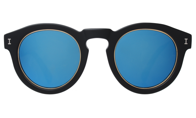 Leonard Ring Sunglasses front view in Matte Black with Blue Mirror