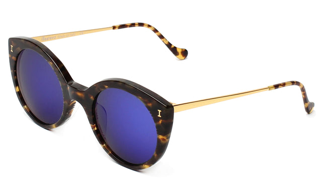 Palm Beach Sunglasses Side Profile in Tortoise Stripes Violet Mirror